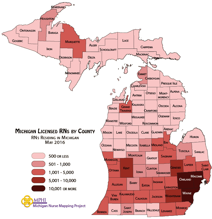map depicts Michigan's registered nurse population by county in 2016
